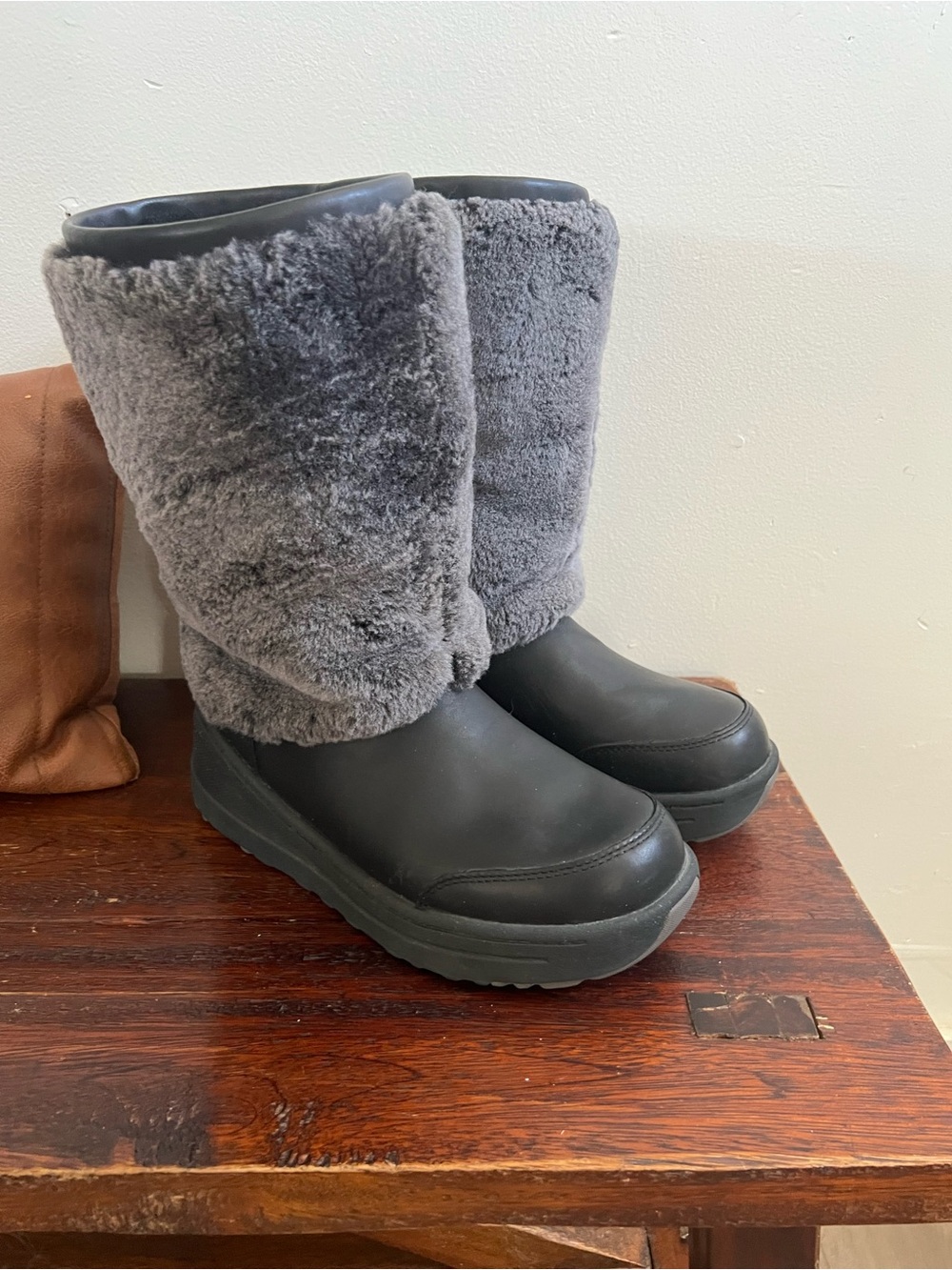 UGG Gray Plush Fold-Over Winter Boots with Black Sole
